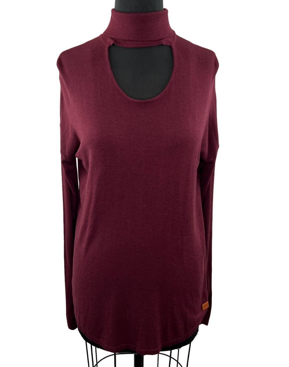 NWT Peace Love World Red Burgundy Cut Out Choker Neck Long Sleeve Blouse Top XS